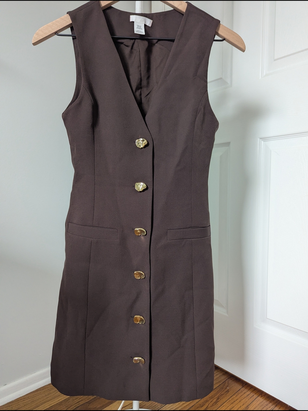 H&M Brown Sleeveless Mini Dress with Gold Buttons